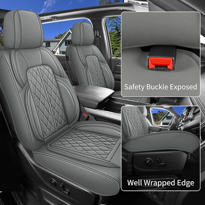 Car Seat Cover Custom Fit for Dodge Ram 1500 2500 3500 2002-2026 Faux Leather Seat Cover Set Compatible with Crew Quad Regular Cab Pickup Truck Cushions (Grey, Full Set, Curved Rear) - Image 3