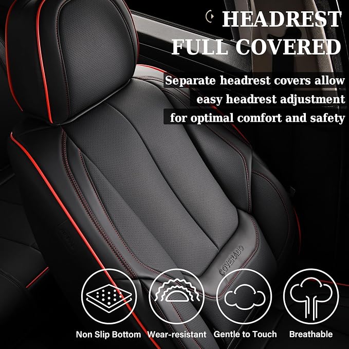 Coverado Seat Covers, Car Seat Covers Front Seats, Car Seat Cover, Car Seat Protector Waterproof, Car Seat Cushion Nappa Leather, BlackRed Seat Covers Carseat Cover Universal Fit for Most Cars - Image 4