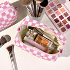 SOIDRAM 2 Pieces Makeup Bag Large Checkered Cosmetic Bag Capacity Canvas Mix Travel Toiletry Bag Organizer Cute Makeup Brushes Aesthetic Accessories Storage Bag for Women, Pink checkered - Image 5