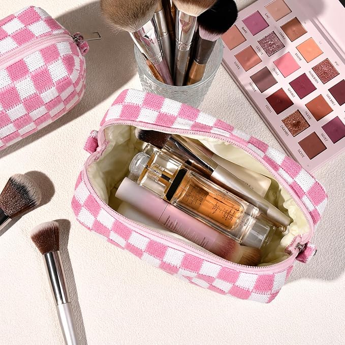 SOIDRAM 2 Pieces Makeup Bag Large Checkered Cosmetic Bag Capacity Canvas Mix Travel Toiletry Bag Organizer Cute Makeup Brushes Aesthetic Accessories Storage Bag for Women, Pink checkered - Image 5