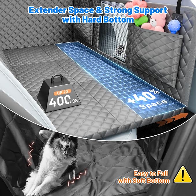 Dog Car Seat Cover for Back Seat,Hard Bottom Hammock Hold 400lbs For Cars | Hold 400lbs,Waterproof,Anti-Scratching,Safety Non-Slip,600D Oxford,Mesh Window,Storage Pocket - Image 2