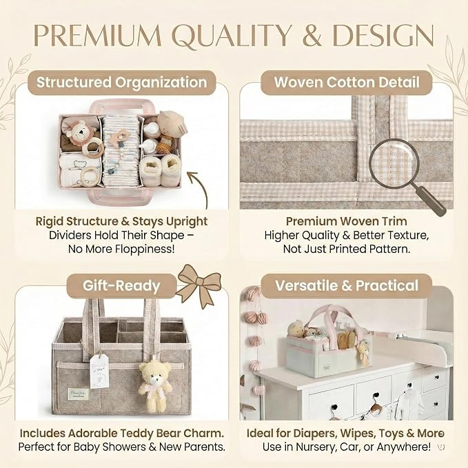 PeraBella Baby Diaper Caddy Organizer, XL Baby Basket Shower Gift Caddy, Portable Felt Changing Table Basket, Nursery Storage Bin, Newborn Boy and Girl Essentials for Registry, Car Diaper Organizer - Image 3
