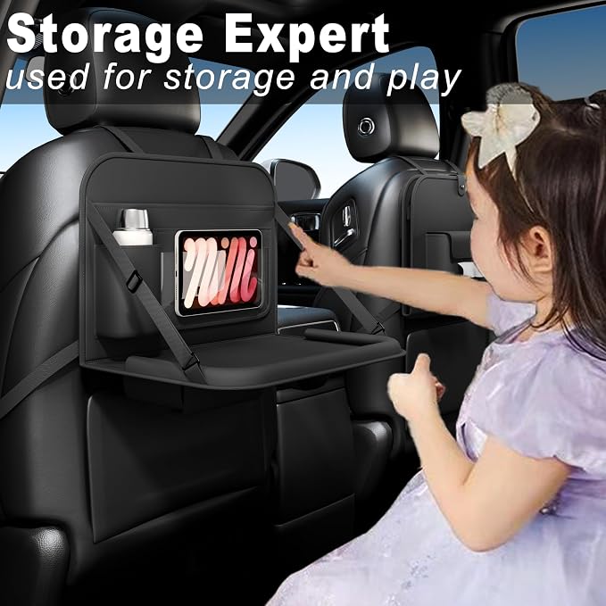 Backseat Car Organizer with Detachable Steering Wheel Tray 1 Pack,Car Back Seat Laptop Desk, Multifunctional Food Tray,Back Seat Car Storage & Tablet Holder for Kids (Black, 1PC) - Image 4
