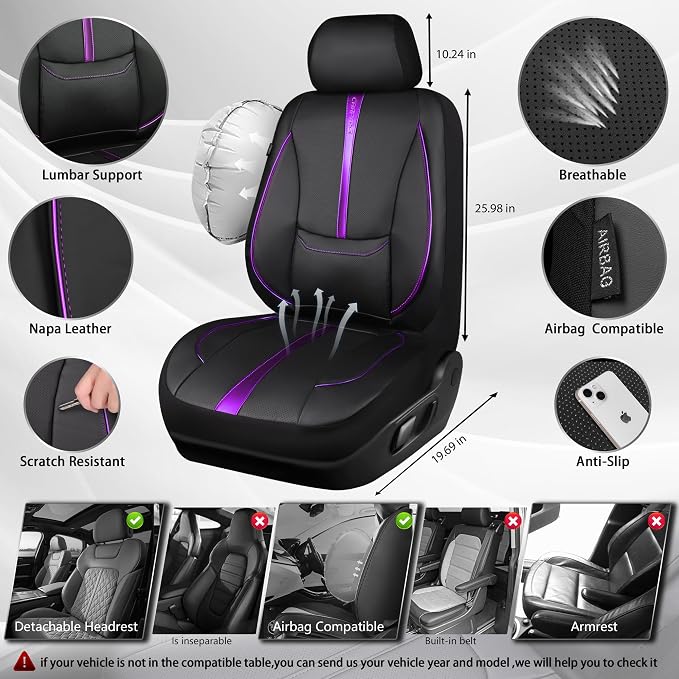 CAR PASS Nappa Leather Car Seat Covers, Water Resistant 3D Foam Faux Leather Seat Covers, Lumbar Support Automotive Seat Covers 2 Front Seats, Comfort & Universal Fit for Cars SUV Truck, Black Purple - Image 4
