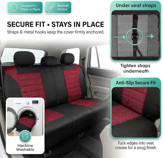 FH Group Automotive Car Seat Covers Rear Set Premium 3D Air Mesh Seat Covers, Airbag Compatible and Split Bench Cover Universal Fit Interior Accessories for Cars Trucks and SUVs - Burgundy - Image 4