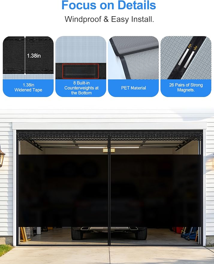 Privacy Garage Door Screen for Single Car Garage 8x7ft - Retractable Slide Track System, Heavy Duty PET Mesh with Blackout Privacy Panel, Magnetic Closure, Keeps Bugs Out, Fits Garage Opening 8 x 7 Ft - Image 6