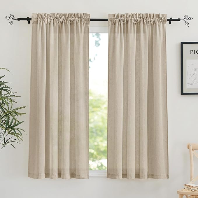 RYB HOME Linen Sheer Curtains 2 Panels for Living Room, Semi Transparent Privacy Drapes with Rod Pocket Farmhouse Style Window Treatments for Bedroom, Taupe, 52" W x 63" L by RYBHOME