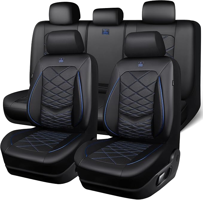 CAR PASS Luxury Nappa Leather Seat Covers Full Set, Water Resistant Faux Leather Seat Cover with Lumbar Support, Breathable Automotive Seat Covers Universal Fit for Sedan SUV Van Truck, Black Blue by CARPASS