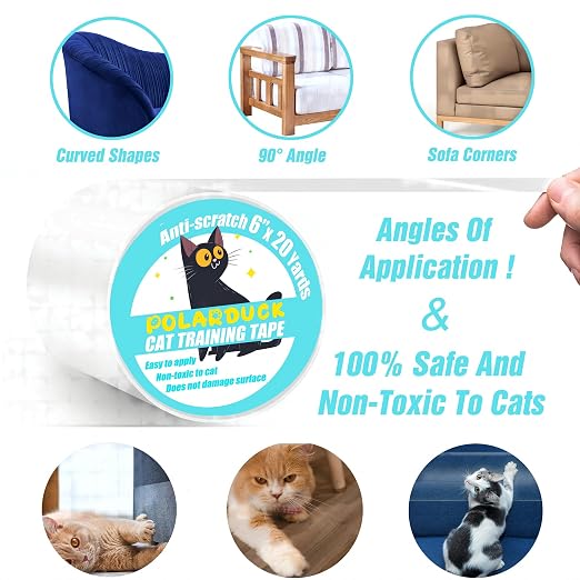 Polarduck Anti Cat Scratch Tape: 6 inches x 20 Yards Cat Training Tape 100% Transparent Clear Double Sided Cat Scratch Deterrent Tape Furniture Protector for Couch, Carpet, Doors, Pet & Kid Safe - Image 3