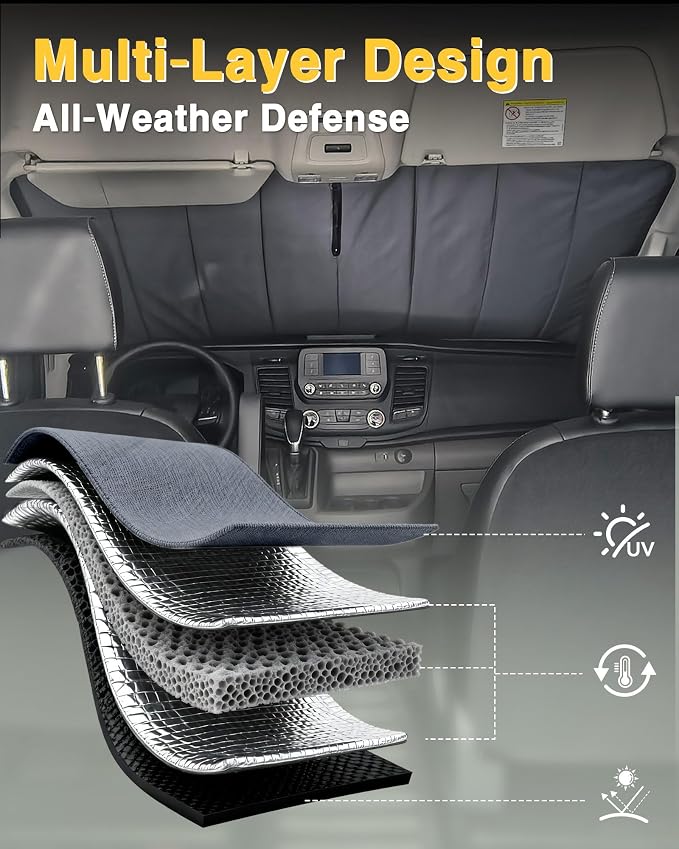 Insulated Windshield Cover Fit for Ford Transit Medium/High Roof | 150 250 350 2015-2025, Blackout Privacy & Thermal Insulation Van Front Windshield Shades, All-Season Van Life Camping, Gray - Image 7
