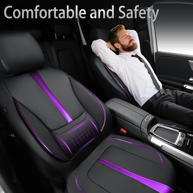 CAR PASS Nappa Leather Car Seat Covers, Water Resistant 3D Foam Faux Leather Seat Covers, Lumbar Support Automotive Seat Covers 2 Front Seats, Comfort & Universal Fit for Cars SUV Truck, Black Purple - Image 3
