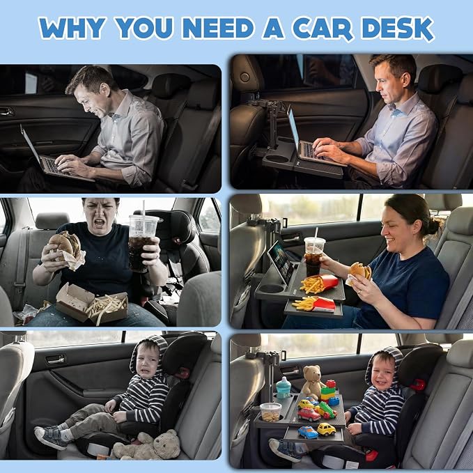 Car Back Seat Tray Table, Stable Foldable Auto Backseat Food Trays Desk for Rear Passenger Road Trip Eating & Work, Multifunctional Adjustable Travel Tray with Phone Drink Holder for Laptop iPad - Image 2