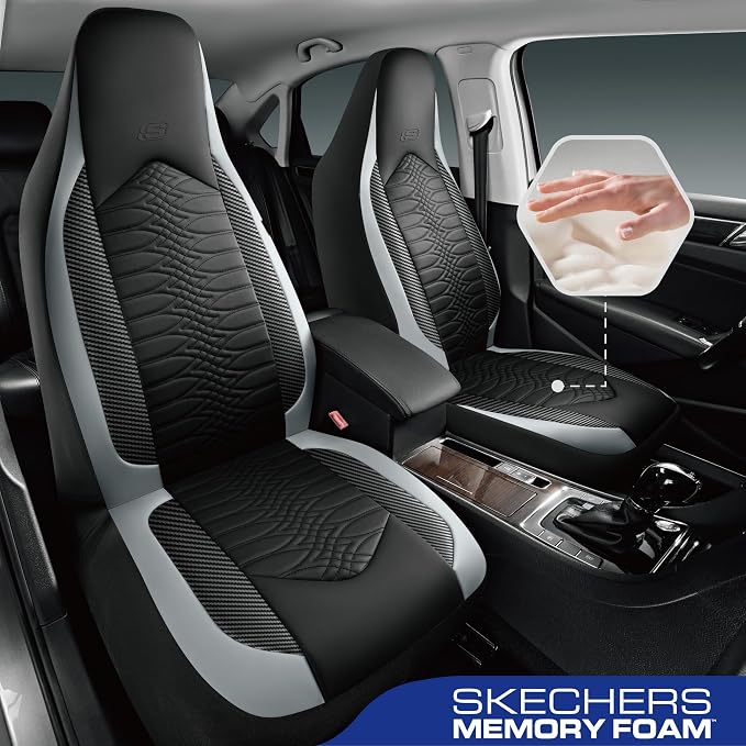 Skechers Memory Foam Car Seat Covers, Leather High Back Seat Covers Quilting Design,Waterproof Sports Car Seat Covers Full Sets,Airbag Compatible, Universal Fit for Most Cars, SUVs,Trucks,Gray - Image 2