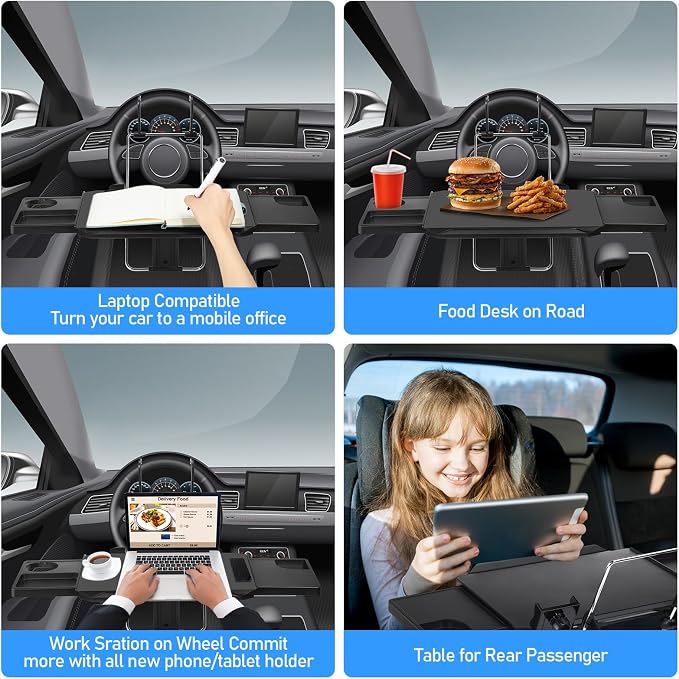 Large Car Steering Wheel Tray Back Seat Headrest Steering Wheel with Phone Holder Desk Food Table for Eating Food and Writing Work, Car Desk Laptop Mount Gifts for Father Truck Driver(3 in 1) - Image 4