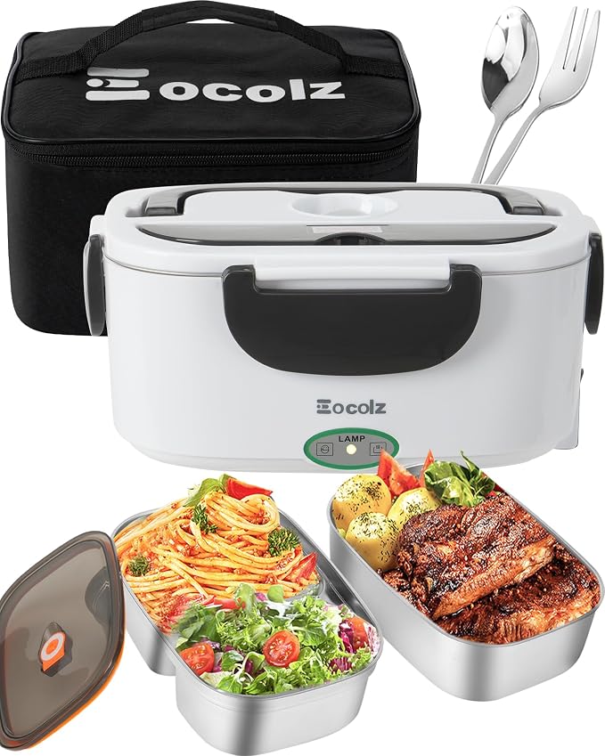Eocolz Electric Lunch Box Food Heater 80-100W for Adults, Portable Food Warmer Heated Lunch Box for Car Truck Work with 1.5L Stainless Steel Container Fork & Spoon 12/24/110V Lonchera Eléctrica by Eocolz