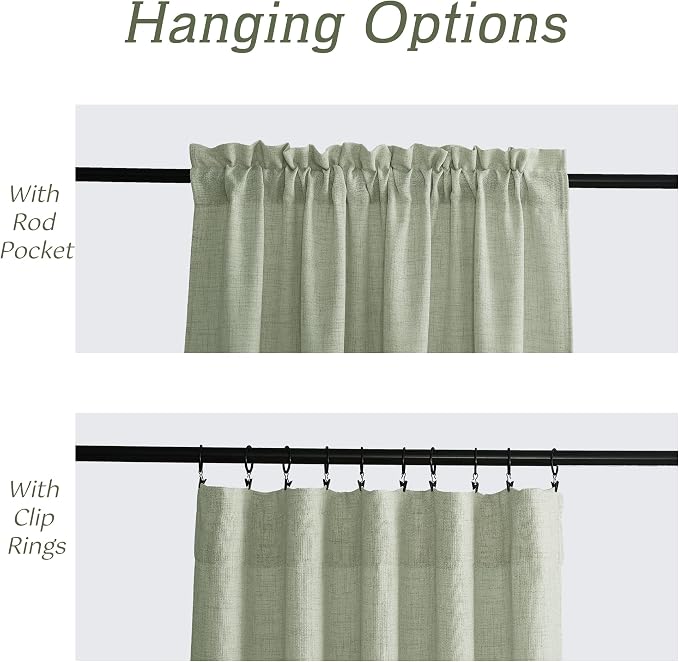 RYB HOME Linen Sheer Curtains 90 inches Long for Living Room | Breathable, Weave Textured, Rod Pocket, Semi Sheer, Sage Green, for Dining Room, W52 x L90, 2 Panels Set - Image 4