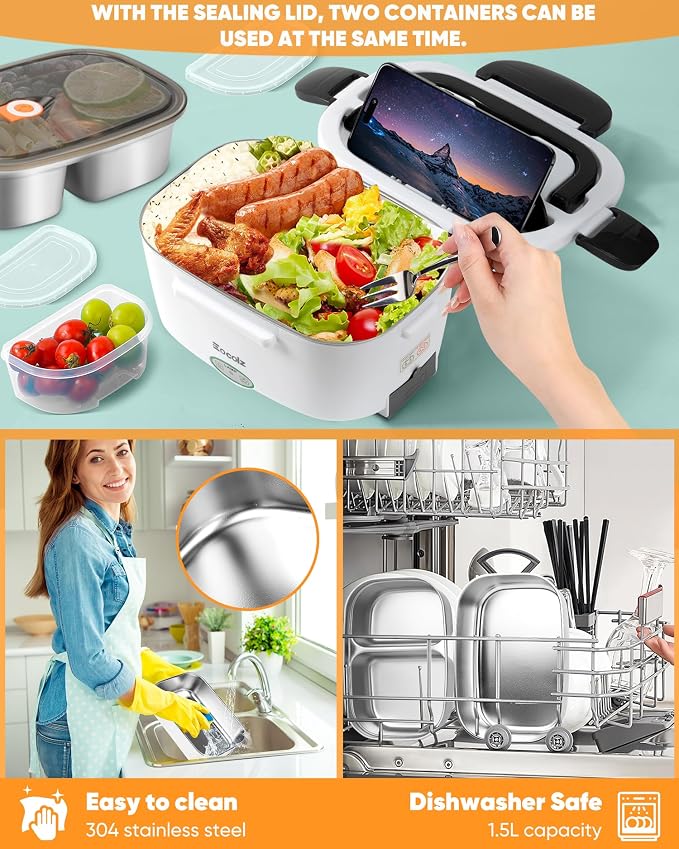 Eocolz Electric Lunch Box Food Heater 80-100W for Adults, Portable Food Warmer Heated Lunch Box for Car Truck Work with 1.5L Stainless Steel Container Fork & Spoon 12/24/110V Lonchera Eléctrica - Image 3