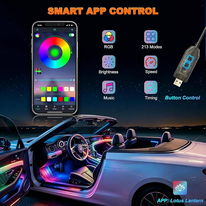Jushope Interior Car LED Strip Lights, USB Car Ambient Lighting (2 in 1) | Dynamic Dream-color Chasing Wireless APP Control Music Sync Flexible Acrylic LED Lights for Car - Image 3