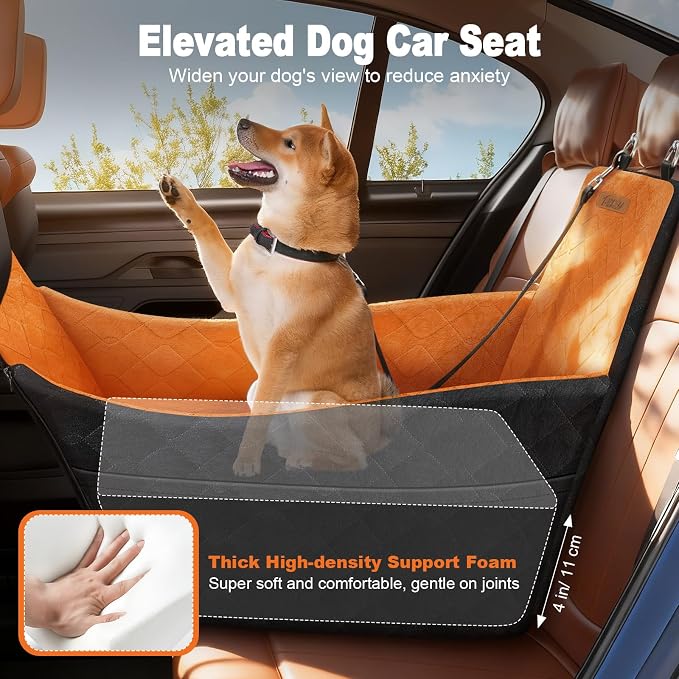 Elevated Dog Car Seat for Small and Medium Dogs Up to 35 lb | 4" High-Density Foam Dog Car Bed, 2 Storage Pockets,3 Safety belts,Fully Removable and Washable for Easy Care,Black+Brown - Image 4