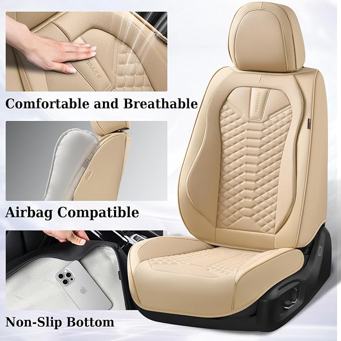 Coverado Car Seat Covers Full Set, Waterproof Nappa Leather Seat Covers for Cars, Universal 5 Seats Car Seat Covers, Front and Back Car Seat Protector, Auto Seat Covers Fit for Most Cars, Beige - Image 4