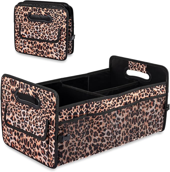 Car Trunk Organizer, Collapsible Car Organizers Storage Large Leopard Print | Sturdy, Strong Capacity, Clean Decor, Multi Compartment Container Box, Adjustable Car Accessories for SUV Sedan Truck by JiatuA