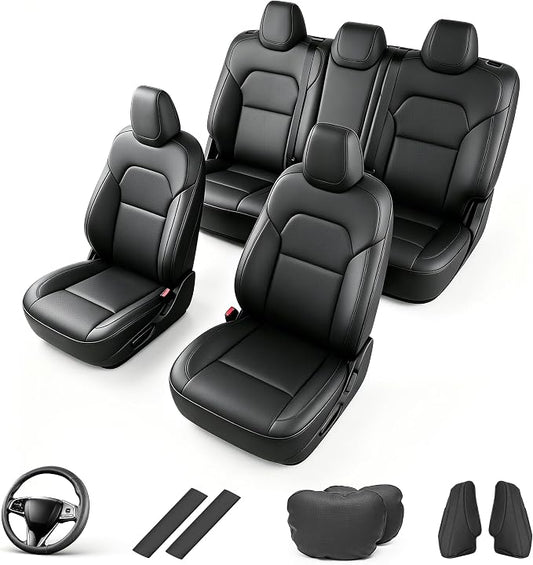 AOMSAZTO Seat Cover for Tesla Model 3 2024-2025(Not Performance) | Faux Leather,Waterproof,Airbag Compatible,5-Pieces Set with Seatbelt,Steering Wheel Covers,Side Bolster Cover&Headrests-Black by AOMSAZTO