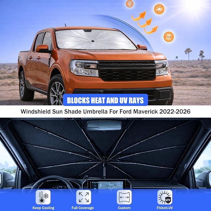 Car Windshield Sun Shade Umbrella for Ford Maverick 2022-2026 | 2026 Upgraded,Custom-Fit Umbrella Sunshade,Easy Install,UV Protection & Heat Reflective,Keep Interior Cooler with Storage Bag - Image 3