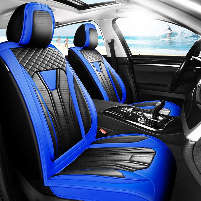 Fit Sienna Premium Leather Car Seat Covers for Toyota Sienna 2007-2025 2026 - Waterproof，Breathable，All-Weather Seat Cushion Protecto & Airbag Compatible, 2 Front Seat Blue&Black by Unknown