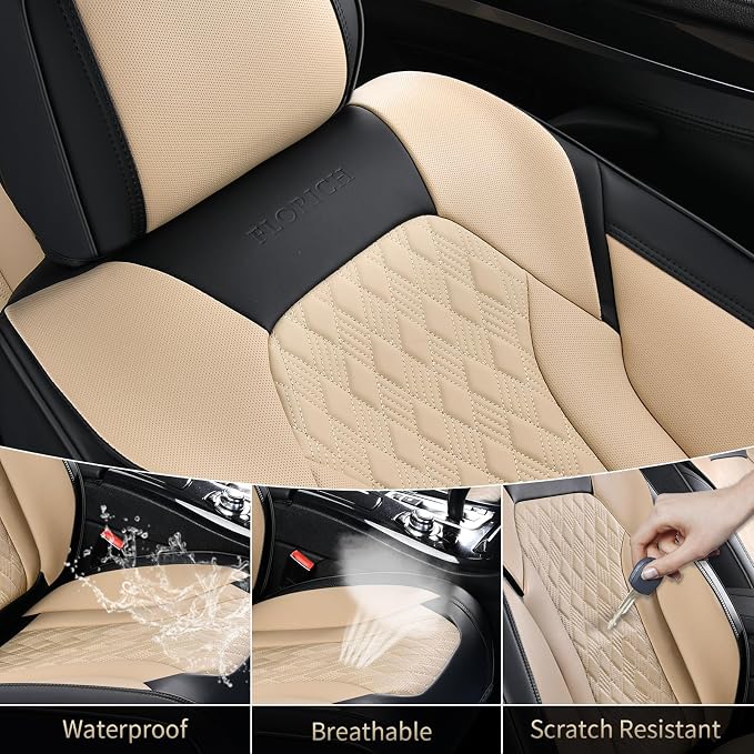 Seat Covers, Car Seat Covers Full Set, Luxury Nappa Leather Seat Covers, Breathable and Waterproof Car Seat Protector 5 Seat, Automotive Seat Covers Universal Fit for Most Cars-Black&Beige - Image 8