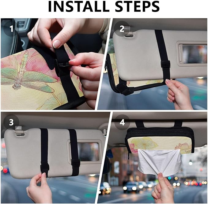 Car Tissue Holder Car Napkin Holder Tissue Box Dispenser Storage Case Sun Visor Mask Holder Accessories with Adjustable Straps Reusable Refillable Dragonfly Lotuses Yellow - Image 5