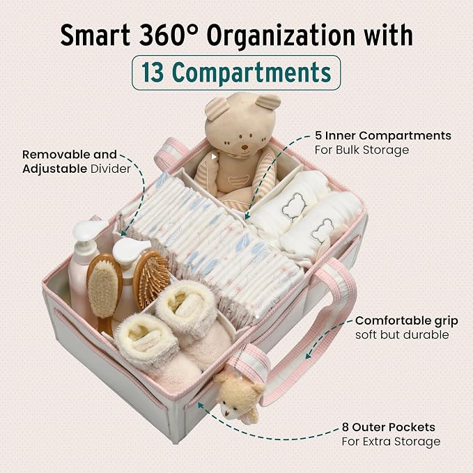 PeraBella Baby Diaper Caddy Organizer, XL Baby Basket Shower Gift Caddy, Portable Felt Changing Table Basket, Nursery Storage Bin, Newborn Boy and Girl Essentials for Registry, Car Diaper Organizer - Image 11