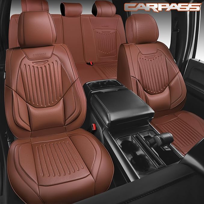 CAR PASS Luxury Nappa Leather Car Seat Covers Full Set, Lumbar Support Seat Covers for Car 5 Seats, Waterproof Car Seat Protector, Automotive Seat Covers Universal Fit for Most Sedans SUV Trucks Brown - Image 5