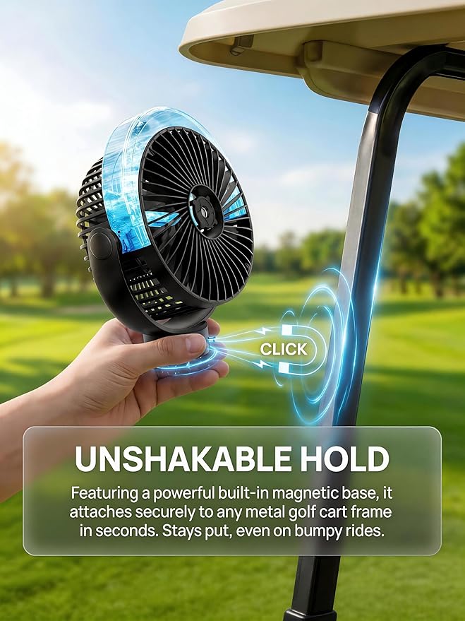 Magnetic Golf Cart Misting Fan with Heavy-Duty Strap, 12000mAH Battery Operated Portable Fan with 4 Speeds, LED, Timer, Suitable for EZGO Club Car Yamaha, Golf Cart & Camping Accessories 2026 - Image 2
