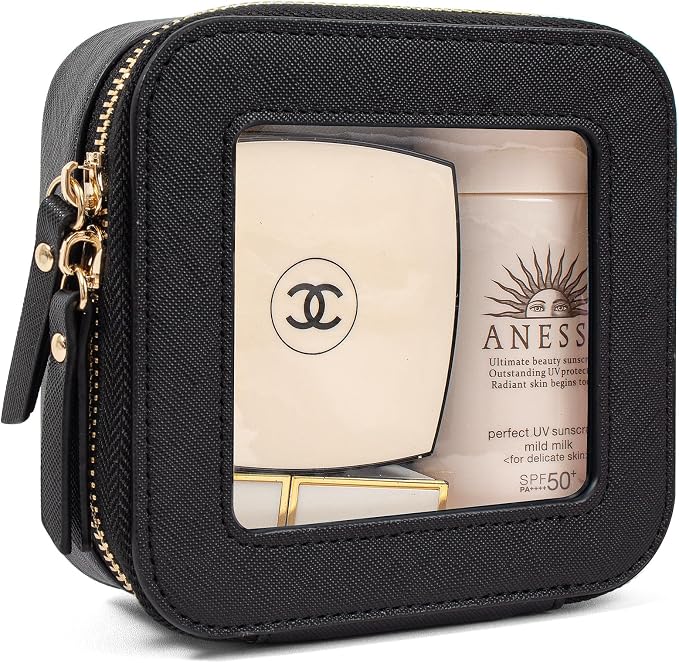 KOTORA Small Makeup Bag for Purse Travel Makeup Bag Clear Cosmetic Bag for Beach, Car Make Up Bag Organizer Storage Traveling Car Accessories Travel Beach Essentials for Women (Mini Black) by KOTORARetroleatherGoods