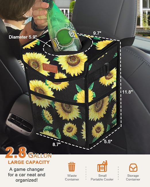 Pritent Car Trash Can with Lid Leakproof Car Garbage Bag Vehicle Trash Bin | Hanging Automotive Garbage Can,Multipurpose Car Accessories for Women Men Interior Car Storage Organizer(2.8 Gal,Sunflower) - Image 2