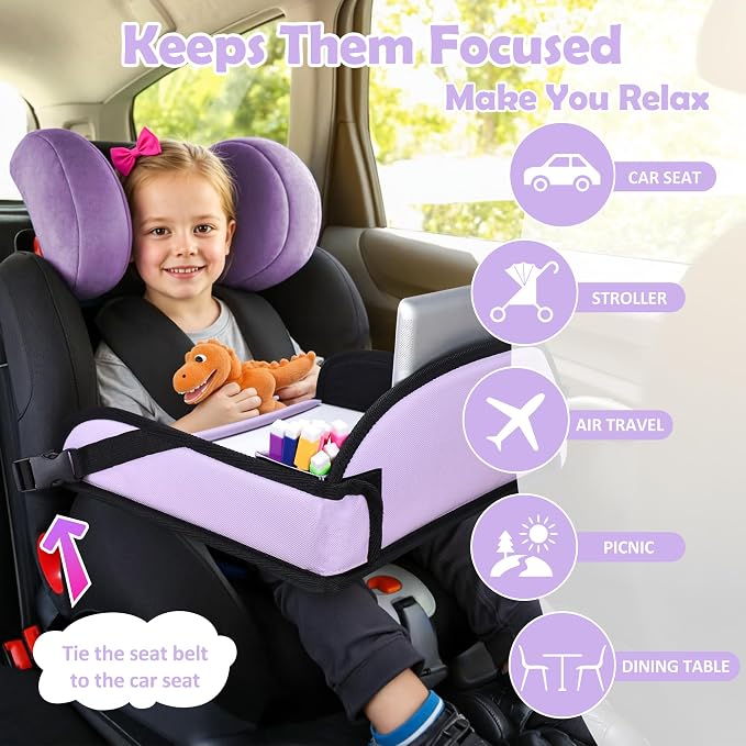 Toddler Car Seat Travel Tray FOR Road Trip Activities, Purple | Kids Carseat Tray With 16.7" x 13.4" Smooth Dry Erase Board, Cup holders, Ddjustable Strap & Shoulder Carry Strap - Image 6