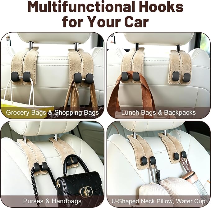 SUKIPIN Car Hooks, Car Seat Headrest Hooks for Purses and Bags 2-Pack Beige | Car Accessories for Women, Solid Durable Construction, Quick Tool-free Mounting, Universal Fit for Most Vehicle Headrests - Image 6
