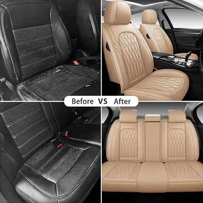 WELLDO Nappa Faux Leather Car Seat Covers Full Set, 5Seats,Beige | Eazy to clean,Easy to install ,Waterproof, Non-Slip,Scratch-resistant, Universal Fit for Most Cars, SUVs, Pickup Trucks - Image 5