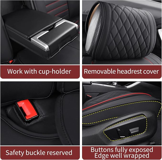 Waterproof Leather Auto Seat Covers Full Set, Black-Red | Universal Fit Toyota Honda Altima Civic Rogue Ford Focus Fiesta Fusion Escape Explorer Ranger Infiniti Mazda Audi - Image 5