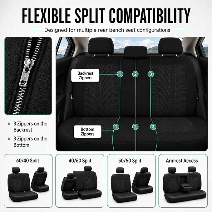 FH Group Full Set Travel Master Car Seat Covers, Airbag and Split Rear Car Seat Cover Universal Fit Interior Accessories for Cars Trucks SUV, Automotive Seat Covers,Black - Image 6