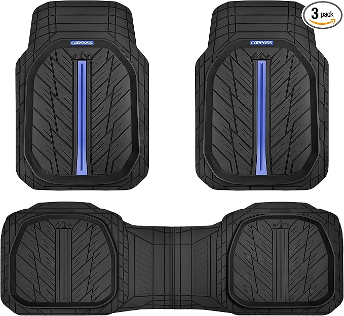 CAR PASS Tire Tread DeepDish Rubber Floor Mats for car Heavy Duty car mats All Weather, Universal XL~M Trim to Fit for Truck SUV Vehicle Automotive, Waterproof car mats 3 Piece(Blue Black) by CARPASS