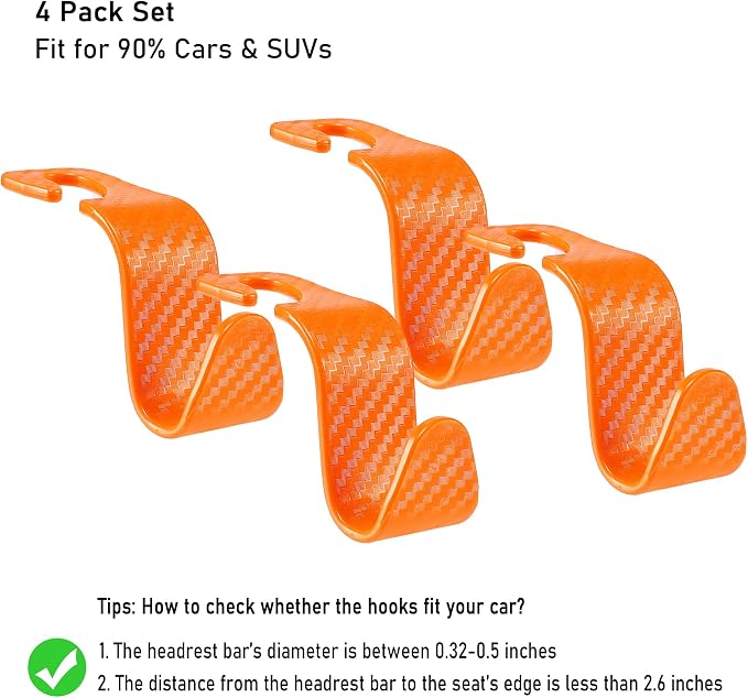 Car Seat Hooks 4 Pack - 55lb Heavy Duty Headrest Hanger, Orange | Universal fit for most cars SUVs,Hang purses handbags coats umbrellas grocery bags,ABS plastic,Easy Installation - Image 7