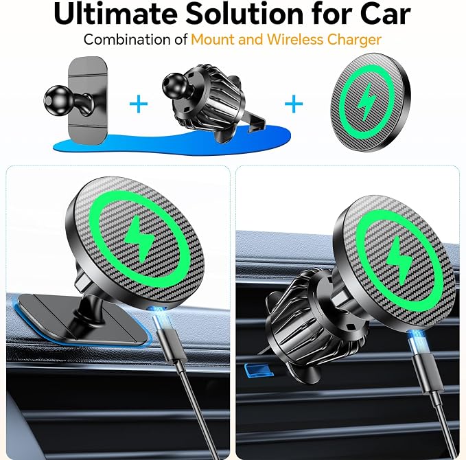 Coolpow Magsafe Car Mount Charger, Magnetic Wireless Car Charger for iPhone | Magsafe Car Charger Magnetic Phone Holders for Your Car Accessories Car Phone Holder Mount for iPhone 17 16 15 (Carbon Fiber) - Image 2