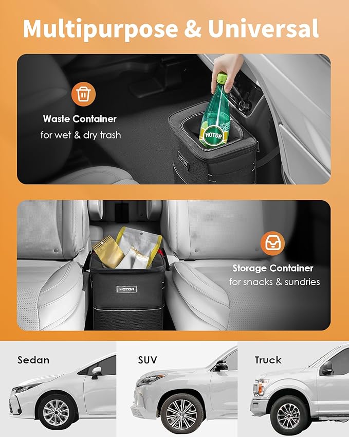 HOTOR Car Trash Can, Compact Waterproof Organizer, Leak-Proof Bin, 2-Gallon | Black, Multifunctional Car Accessory with Adjustable Straps & Magnetic Snaps for Interior Car Storage - Image 6