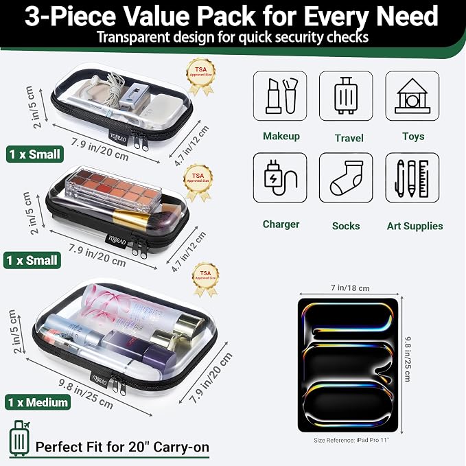 YQBRAO Clear Hard Shell Organizer Cases, Black, 3-Pack | Rigid 1.2 mm PET organizers with multi-size design for toiletries, travel storage, and everyday essentials - Image 4