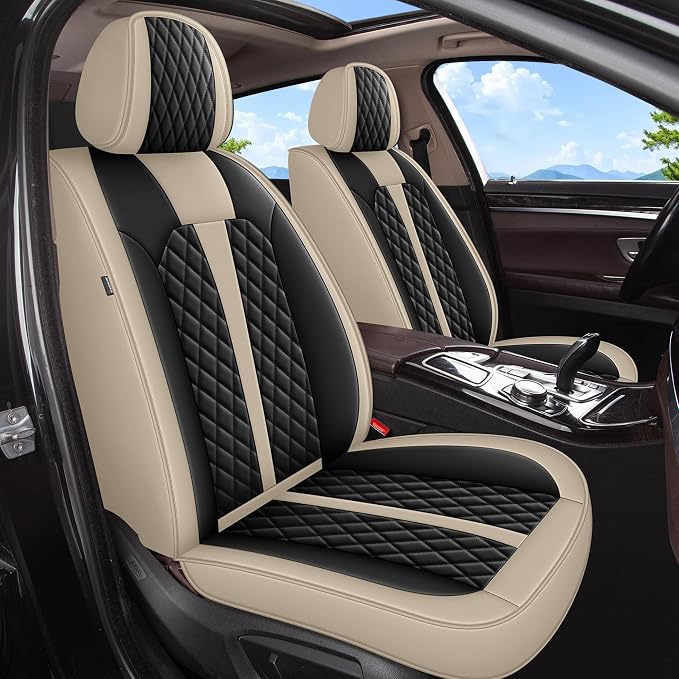 IKABEVEM Car Seat Covers Fit for Nissan Juke 2011-2017 | Waterproof Leather, Airbag Compatible, Easy Install & Wipe Car Seat Protector,2 Front Seats Covers Fit for Juke, Beige&Black by IKABEVEM