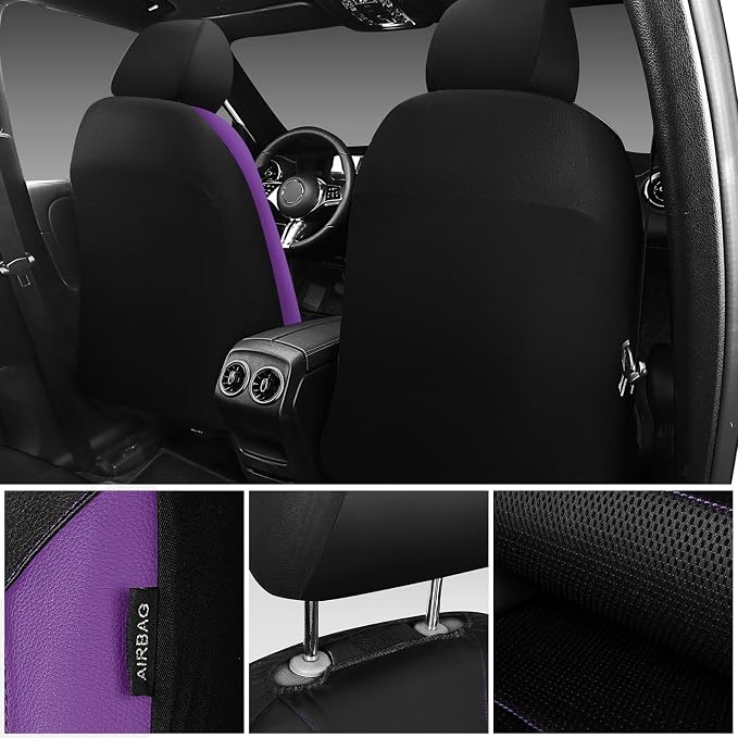 CAR PASS Leather Seat Covers, Breathable Universal Car Seat Cover Full Set for Cute Women Girly,Super 5mm Composite Sponge Inside,Airbag Compatible fits Most Auto,SUVs,Trucks,Vans(Black&Purple) - Image 6