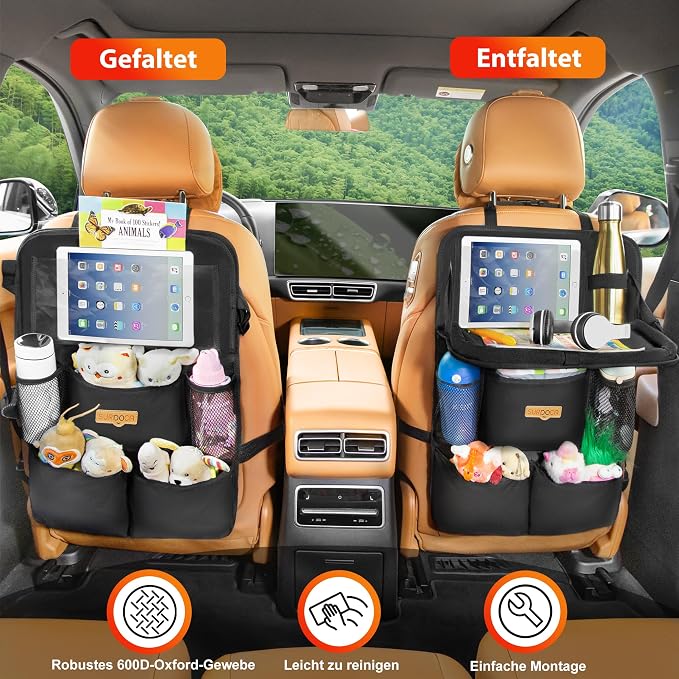 SURDOCA Backseat Car Organizer with Foldable Tray for Kids & Adults – NEW MODEL Seat Storage with Touchable Tablet Pocket, Roadtrip Essentials – Fits Most Vehicles - Image 4