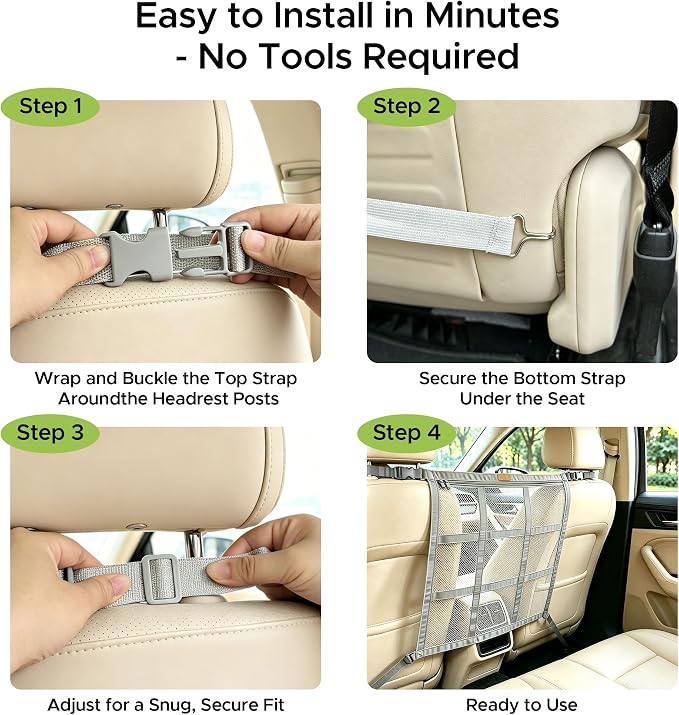 KINIVA Dog Car Barrier, Upgraded 22.4"x22.6" Pet Barrier for Cars, Heavy Duty Mesh Dog Net Between Front Seats, Double-Layer Pet Divider with Leather Logo, Universal Fit for SUV Sedan Trucks (Grey) - Image 3