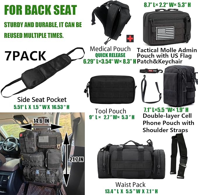 7 PACK Tactical Seat back organizer Truck organizer With 6 Detachable Pouches Universal For Car Truck Ford Jeep Military-Grade Heavier Panels With Multi-functional Packs (7-PACK-Upgrade) - Image 3